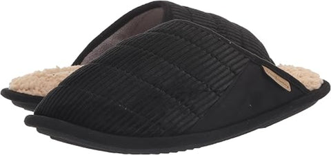 Black quilted slippers with beige interior on a white background