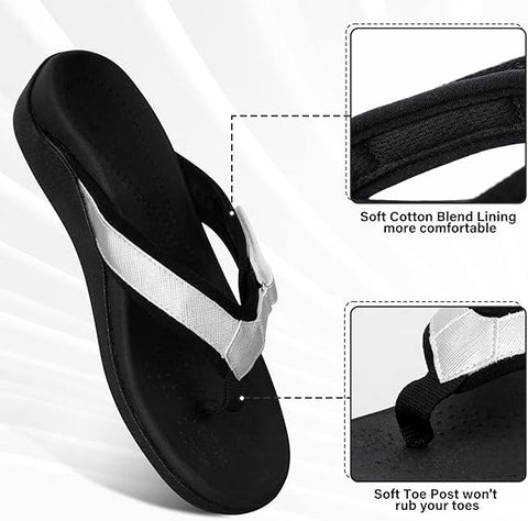 Black sandal with white strap on a white background, highlighting comfort features.
