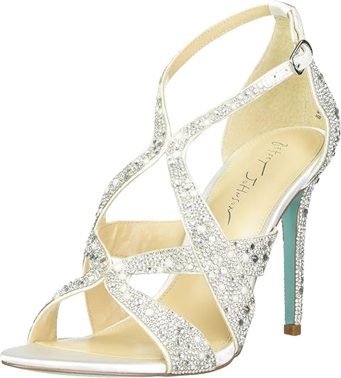 High-heeled sandal with crystal embellishments on a white background