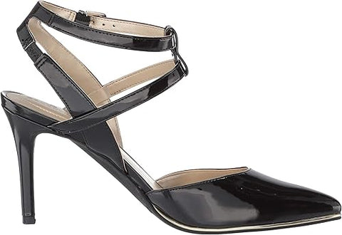 Black patent leather high-heeled shoe with a strappy design on a white background