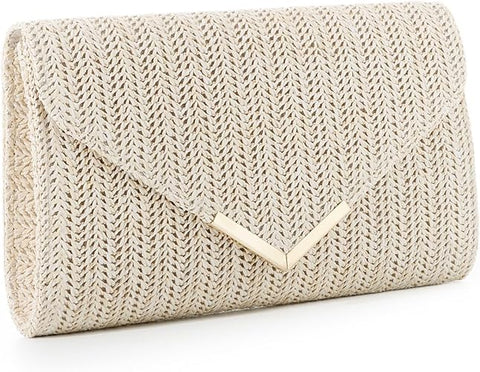 Beige knitted clutch bag on a white background