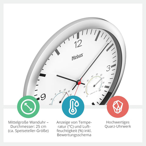 Mebus Silver, White Quartz Wall Clock With Thermometer And Hygrometer | Mebus In Lebanon