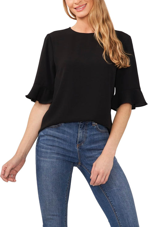 CeCe Women's Black Ruffle Cuff Crew Neck Blouse | CeCe In Lebanon