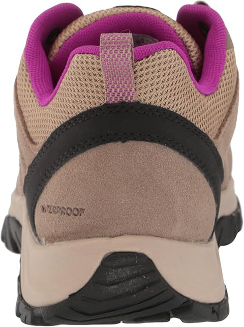 Beige hiking shoe with purple accents and waterproof label on a white background