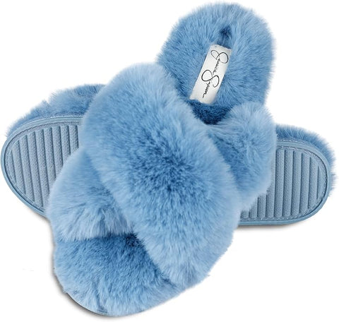 Jessica Simpson Women's Blue Extra Soft High Plush Cross Band Slide Slippers | Jessica Simpson In Lebanon