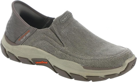 Gray slip-on shoe with brand logo on a white background