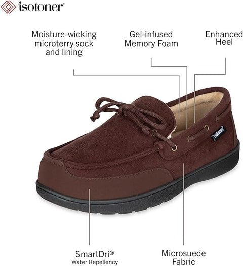 Isotoner Men's Dark Brown Water Repellent Boater Moccasin Slippers | Isotoner In Lebanon