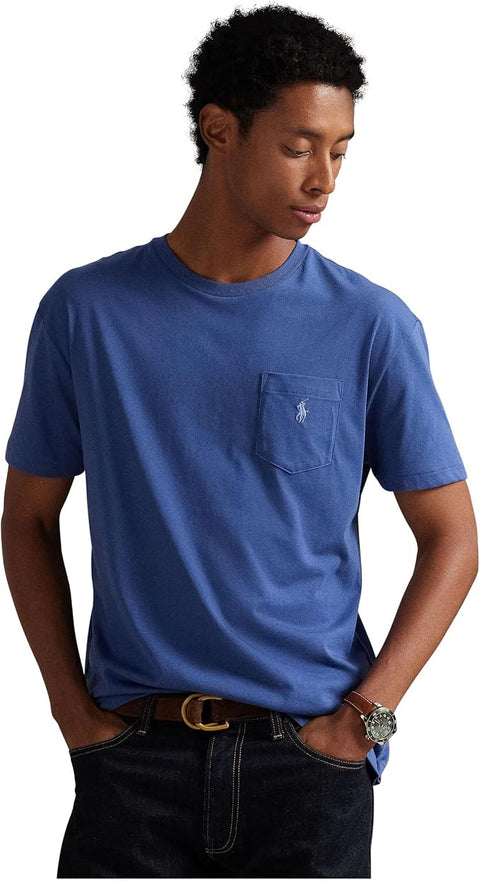Man wearing a blue t-shirt with a Ralph Lauren logo on a white background