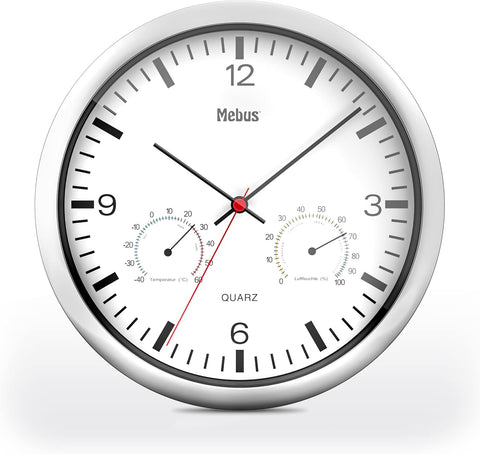 Mebus Silver, White Quartz Wall Clock With Thermometer And Hygrometer | Mebus In Lebanon