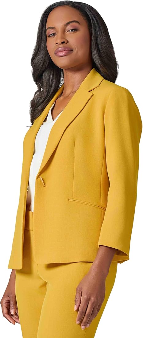 Kasper Women's Yellow Mustard Crepe Novelty Eyelet Front Notch Collar Blazer | Kasper In Lebanon