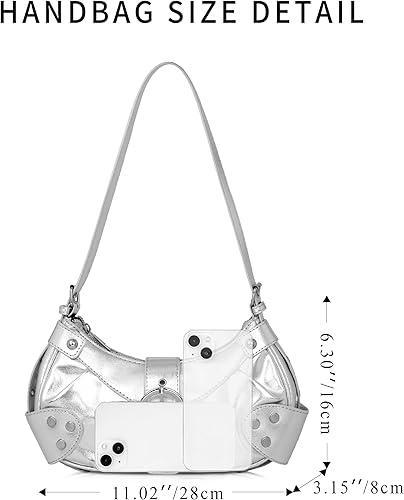 Silver handbag with measurements on a white background