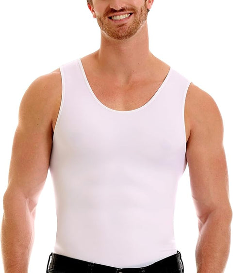 Man wearing a white tank top on a white background