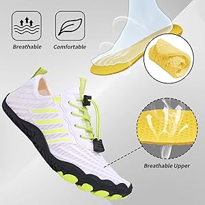 White and black athletic shoe with yellow accents, featuring text on breathability and comfort.
