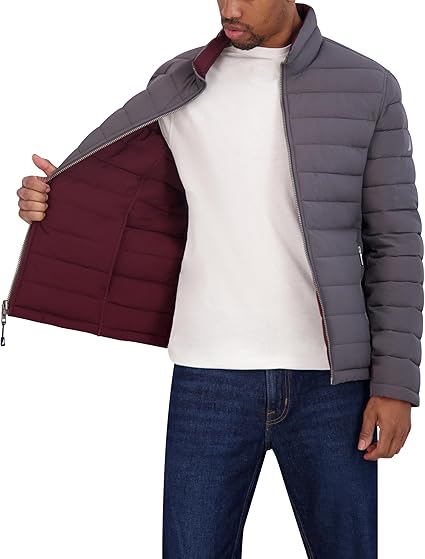Nautica Men's Grey Reversible Quilted Puffer Midweight Mechanical Stretch Jacket | Nautica in Lebanon