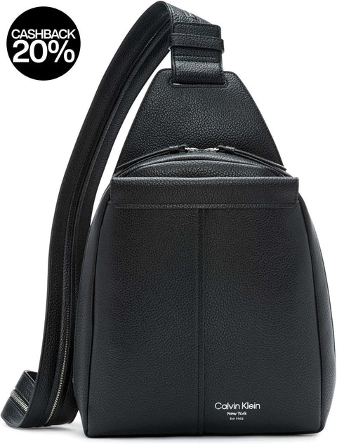 Black Calvin Klein sling bag on a white background