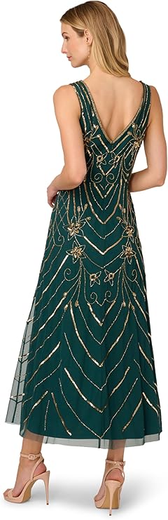 Adrianna Papell Women's Olive Green Beaded Mesh  Dress |  Adrianna Papell In Lebanon