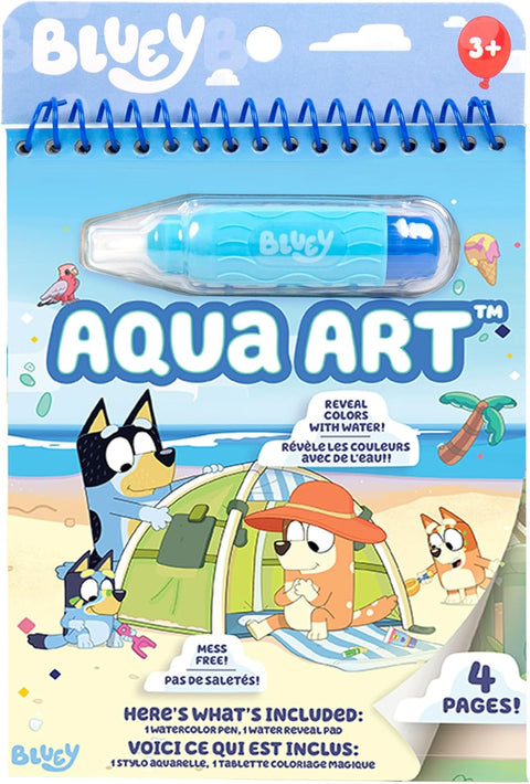 Bluey Aqua Art coloring book with a pen, featuring cartoon characters on a beach-themed cover.