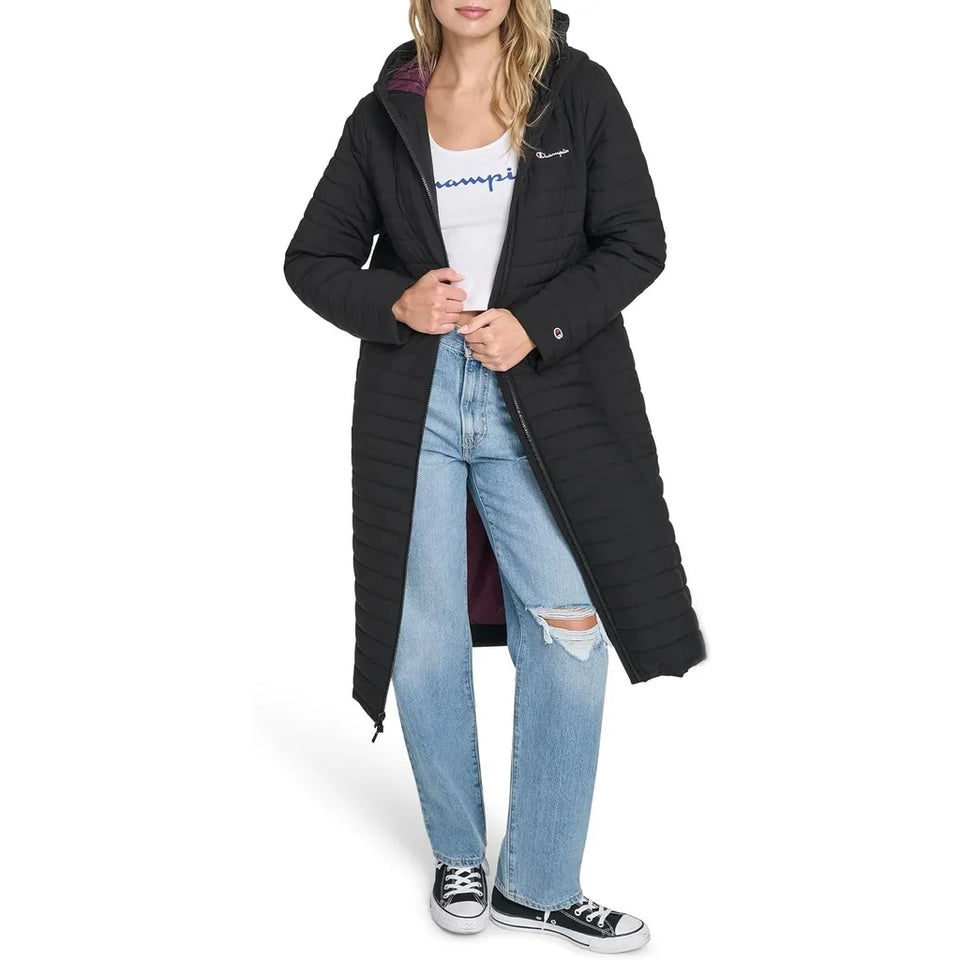 Champion Women's Black Lightweight Long Hooded Puffer Jacket