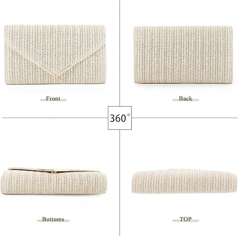 Beige clutch bag shown from multiple angles on a white background