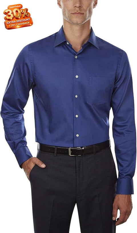 Man wearing a blue dress shirt and black pants on a white background