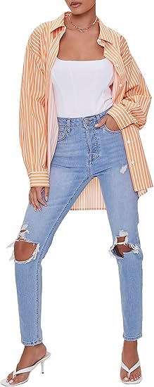 Forever 21 Women's Orange Striped Long Sleeve One Pocket Shirt  |Forever 21 In Lebanon9