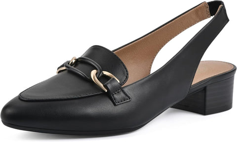 Black leather slingback shoe with a gold buckle on a white background