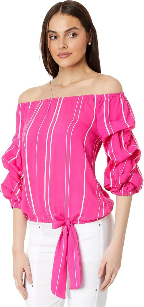 Vince Camuto Women's Fuchsia Bubble Sleeve Off Shoulder Crepe Stripe Blouse|Vince Camuto In Lebanon