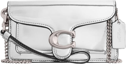 Silver handbag with chain strap on a white background