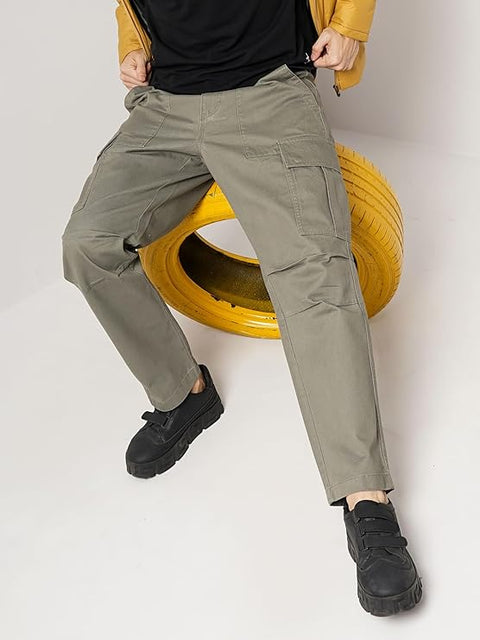 Celio Men's Olive Green Solid Straight Fit Cotton Cargo Pants | Celio In Lebanon