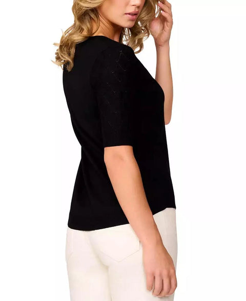 Melissa Paige Women's Black Yoke Wave Stitch Elbow-Sleeve T-Shirt| Melissa Paige In Lebanon