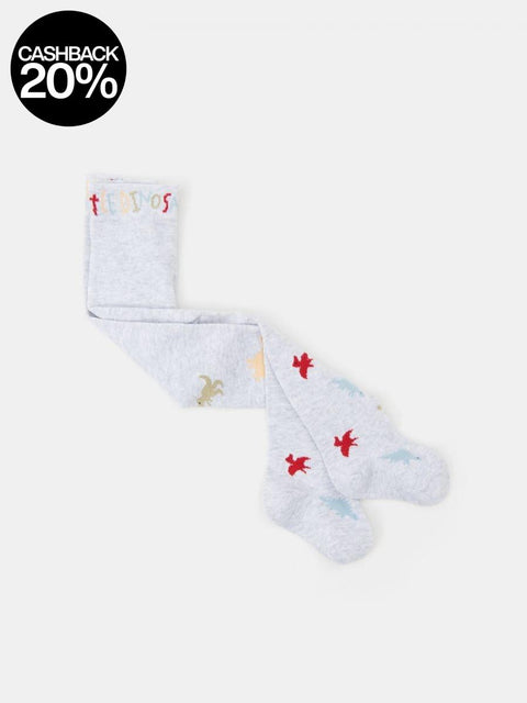 Pair of light blue socks with colorful designs on a white background