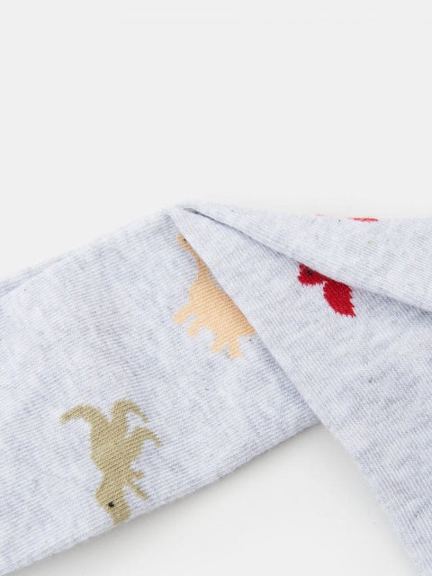 Gray socks with colorful animal prints on a white background