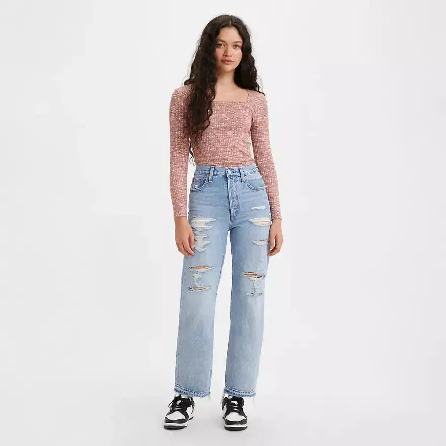 Levi's Women's Blue Ripped High Rise Ribcage Straight Jeans |Levi's In Lebanon
