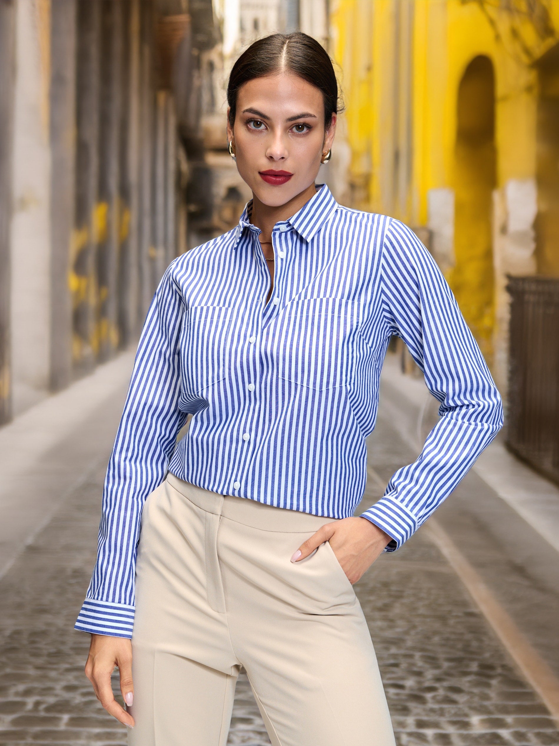 Sinsay Women's Blue Lined White Long-Sleeve Shirt| Sinsay in Lebanon