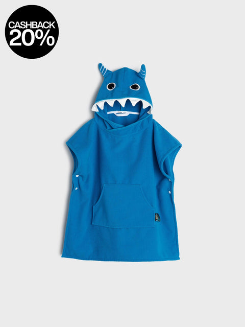 Blue hooded towel with shark design on a white background