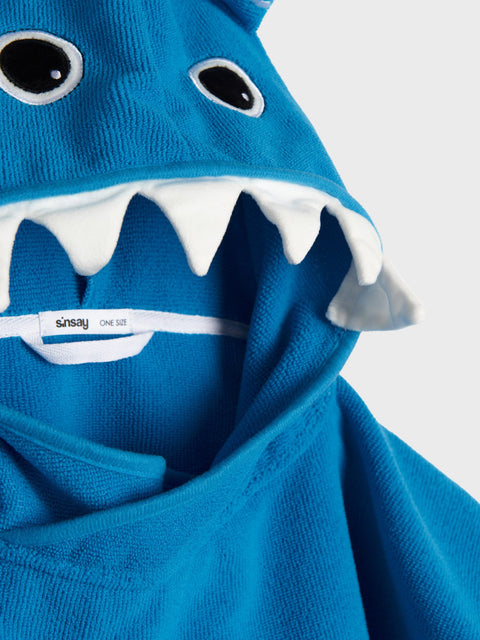 Blue shark hoodie with a visible brand label on a white background