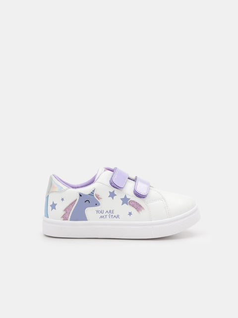 White sneaker with purple accents and unicorn design on a white background