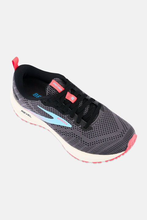 Gray running shoe with black laces on a light gray background