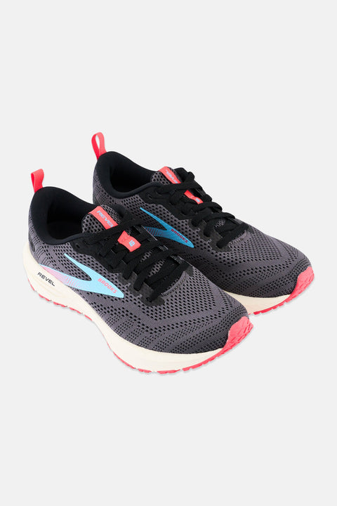 Pair of black running shoes with red accents on a white background