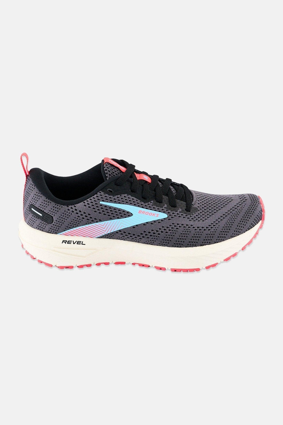 Gray running shoe with pink accents on a white background