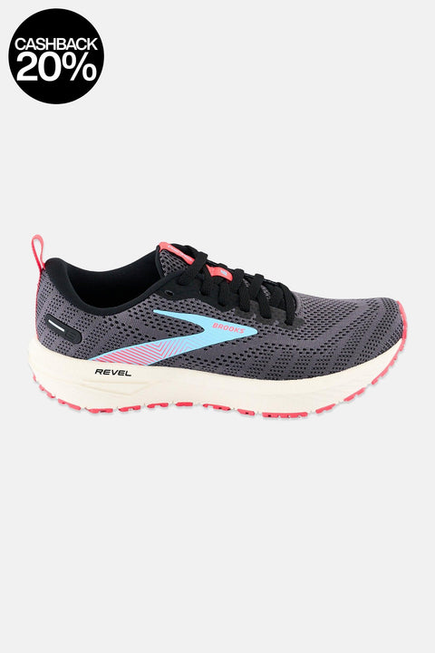 Gray running shoe with pink accents on a white background