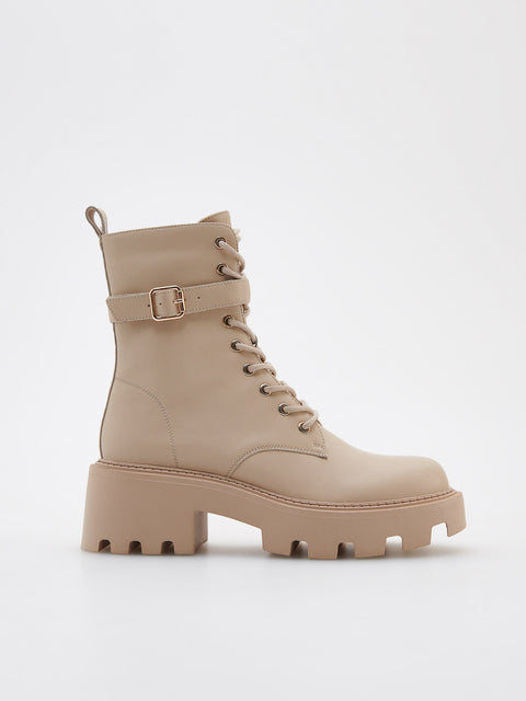 Reserved Women's Beige Leather Lace-Up Ankle Boots | Reserved In Lebanon