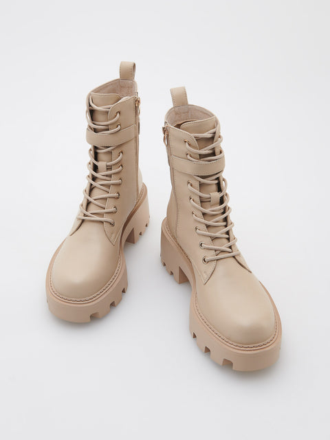 Reserved Women's Beige Leather Lace-Up Ankle Boots | Reserved In Lebanon