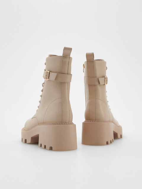 Reserved Women's Beige Leather Lace-Up Ankle Boots | Reserved In Lebanon
