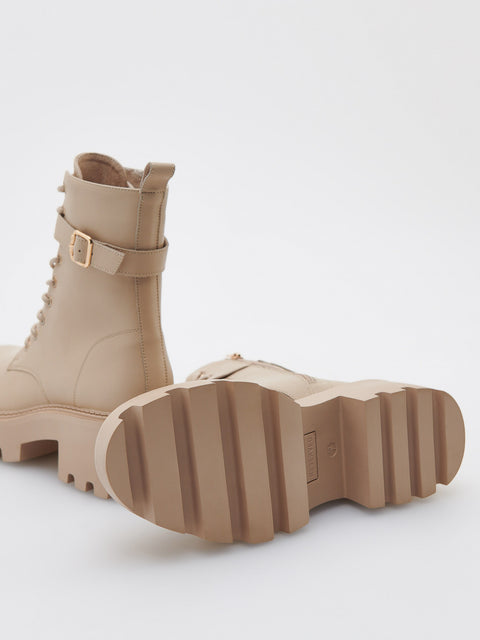 Reserved Women's Beige Leather Lace-Up Ankle Boots | Reserved In Lebanon