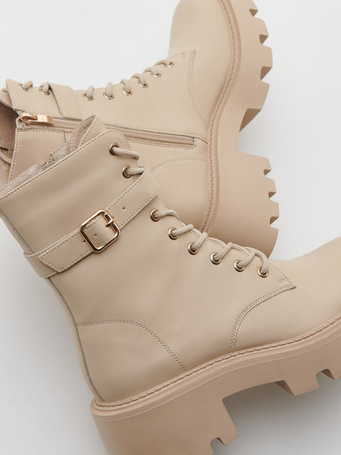 Reserved Women's Beige Leather Lace-Up Ankle Boots | Reserved In Lebanon