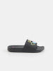 Black slide sandal with colorful text on a white background