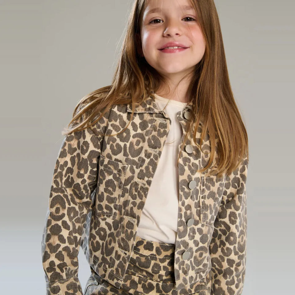 Sinsay Girl's Leopard Cropped with Front Patch Pocket Denim Jacket