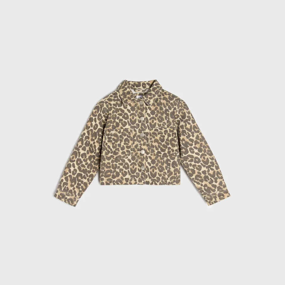 Sinsay Girl's Leopard Twill Cropped with Front Patch Pocket Denim Jacket