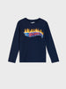 Navy blue long-sleeve shirt with colorful logo on a light gray background